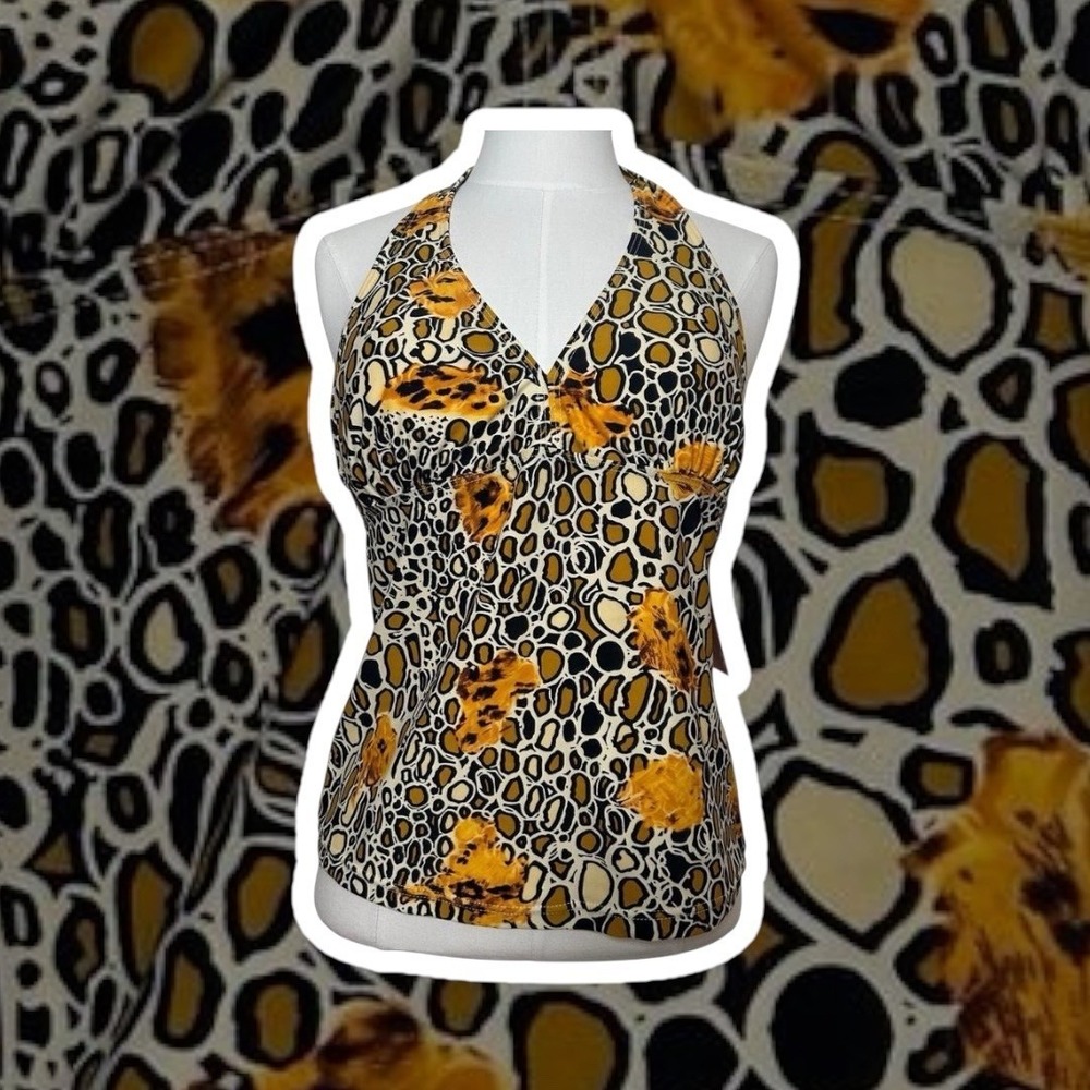 Y2K ‎ Womens Halter Neck Swim Top Tankini Leopard Print Retro Beach Medium